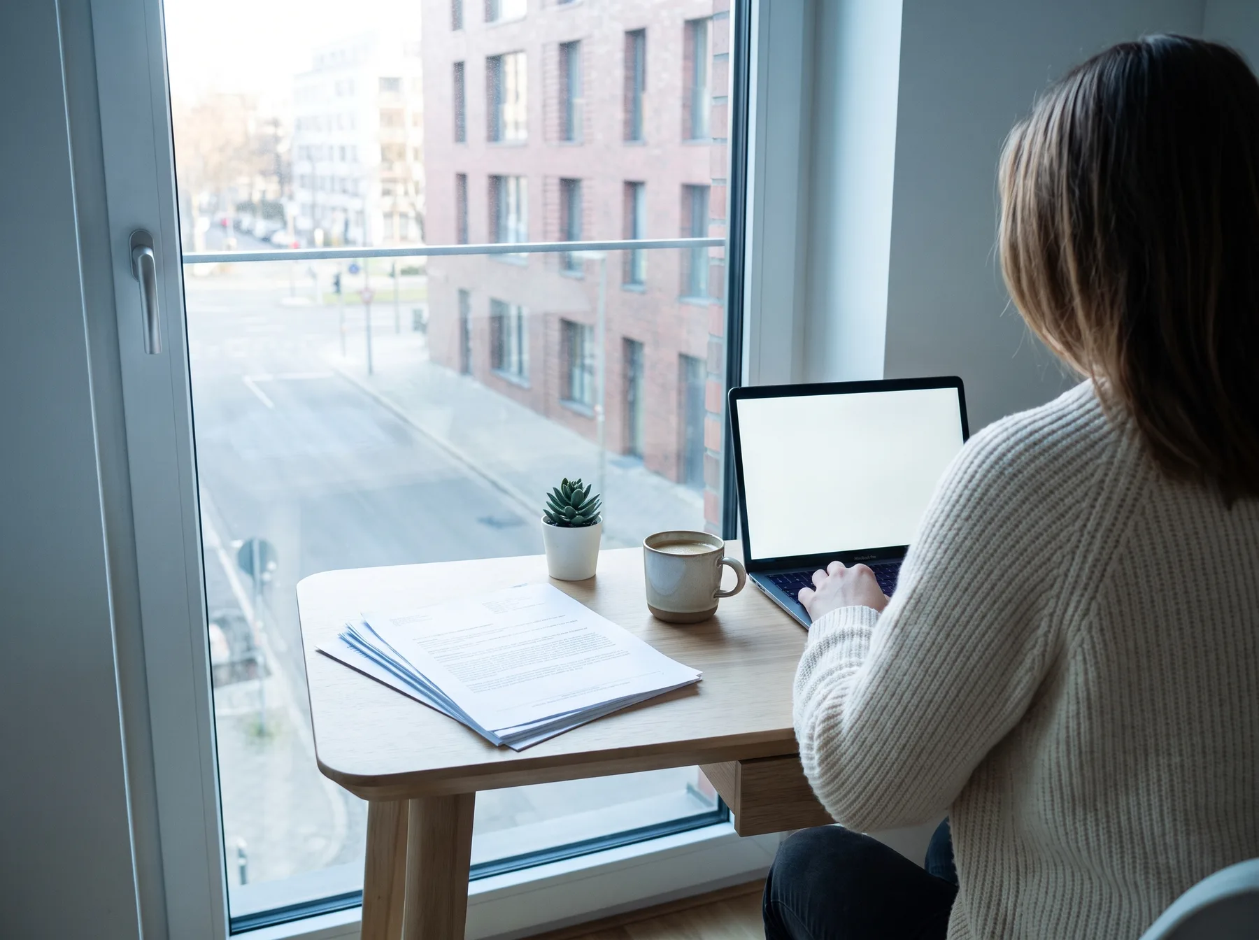 Person am Schreibtisch mit Laptop und Bewerbungsunterlagen