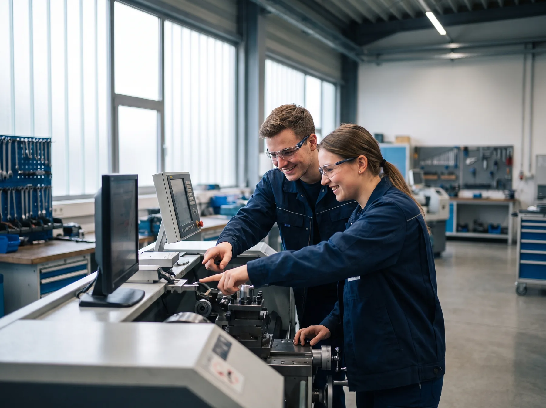 Zwei Auszubildende arbeiten gemeinsam an einer Maschine in einer modernen Werkstatt